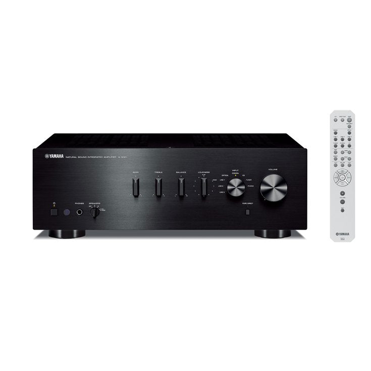 Yamaha A-S301 Integrated Amplifier — Black finish, front view with remote control