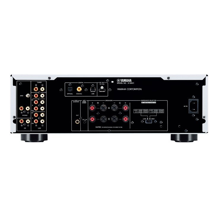 Yamaha A-S801 integrated amplifier, black finish — front panel view with remote control