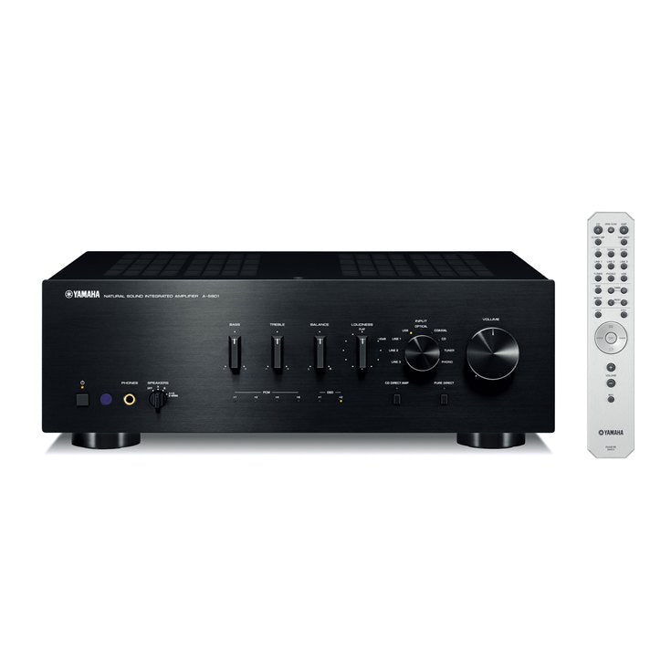 Yamaha A-S801 integrated amplifier, silver finish — front panel detail showing controls and selector knob