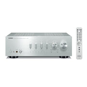 Yamaha A-S801 integrated amplifier, silver finish — front panel view with remote control
