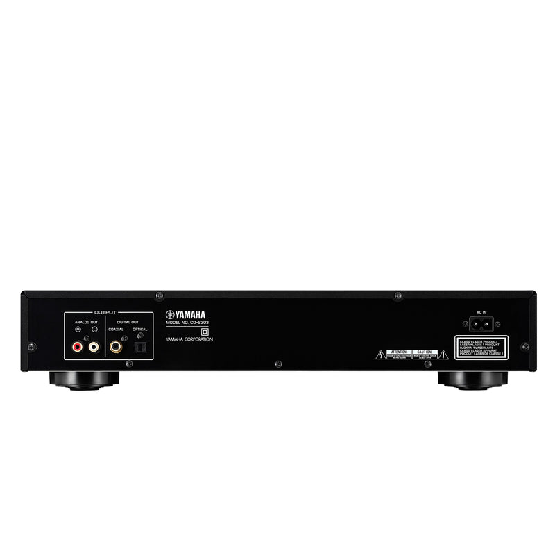 Yamaha CD-S303 CD Player in Black — rear panel showing optical, coaxial, and analog RCA outputs