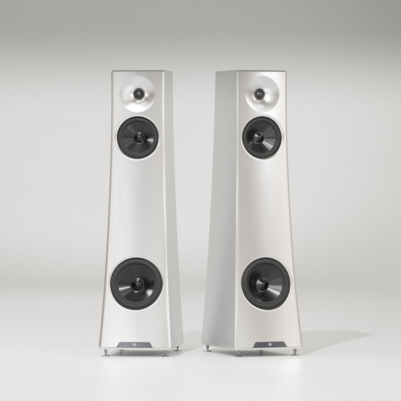YG Acoustics Vesper 3 loudspeakers in silver, matched pair, front view