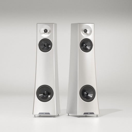YG Acoustics Vesper 3 loudspeakers in silver, matched pair, front view